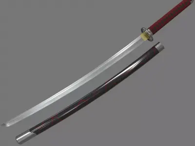PBR Katana Japanese Sword Red Low-poly 3D model
