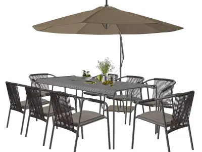 Modern Outdoor Wicker Dining Set with Umbrella Low-poly 3D model