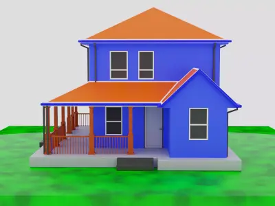 Low poly house 3D model orange on field Free low-poly 3D model