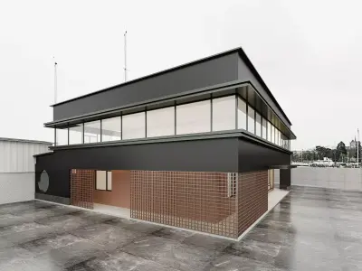 Modern Japandi Cafe Exterior with Wood Lattice Corridor 3D model