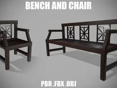 Outdoor Bench and Chair Low-poly 3D model