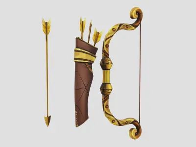 Golden Bow Gold Arrow Brown Leather Quiver Lowpoly Weapons Low-poly 3D model