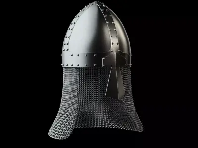 Medieval knight helmet with chain mail 3D model