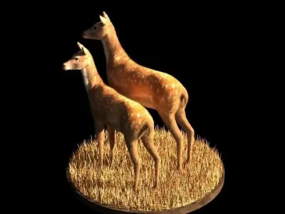 Deer 3d model two in grass Low-poly 3D model