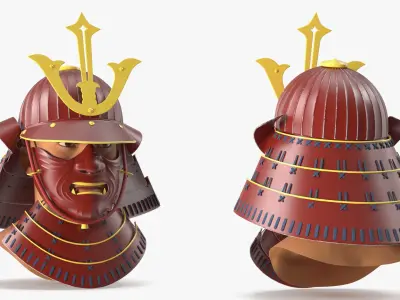Armored Samurai Head with Kabuto and Menpo Red 3D model