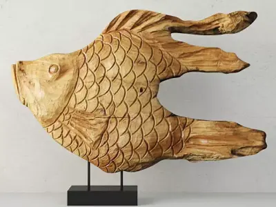 Carved Wood Fish Sculpture on Stand 3D model