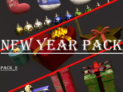 New Year pack of gifts and decorate Free low-poly 3D model