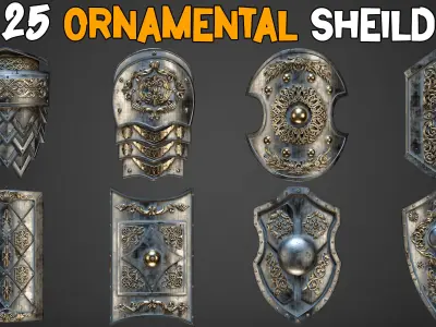 25 Ornamental Shield 3D Models LowPoly and Texture Vol 16 Low-poly 3D model