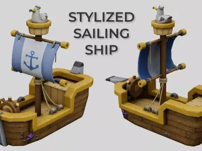 Stylized sailing ship with seagull low poly game ready 3D model Low-poly 3D model