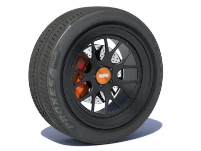 sports car wheel with rim tire and brakes 3D model