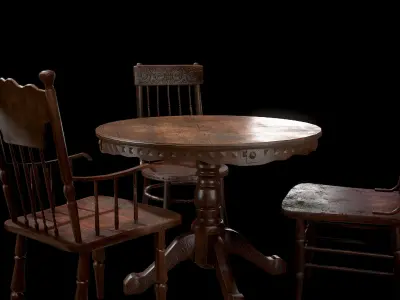Old Wooden Table And Chairs Free low-poly 3D model