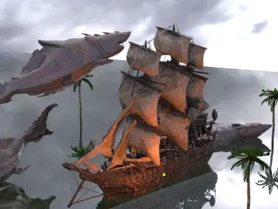 Frigate Ship And Megalodon Sharks Kitbash 3D model