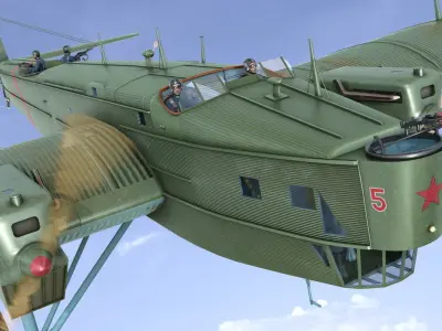 TB-3 russian biplane with propellers flying in sky 3D model