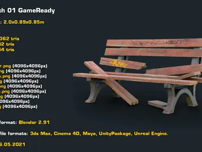 Bench Old Pack GameReady LODs 3D model
