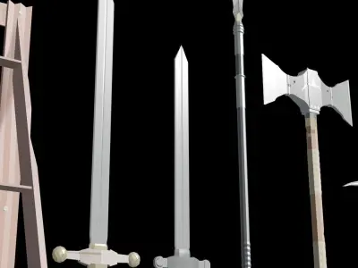 Low Poly Weapons wooden display of swords and axes Low-poly 3D model