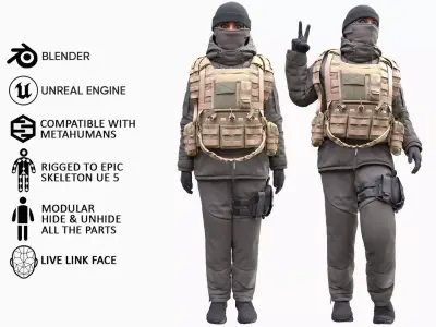 Woman - Winter Military Outfit - Modular - Rigged Low-poly 3D model