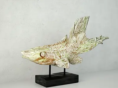 Hand Carved Driftwood Fish On Stand 3D model