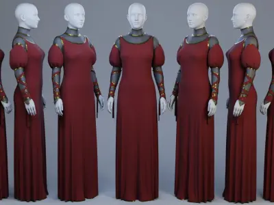 Blood-Red Velvet Medieval Dress -Clean Quad Topology- 3D model