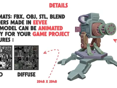3D Defense Turret Machine Gun Animatable with Multi-Parts Low-poly 3D model