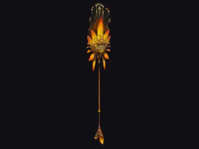 Magical Staff Magic Stick Wand Golden Flower Plumage Props Low-poly 3D model