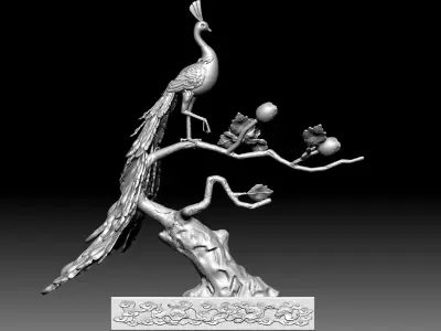 Peacock and Flowers 3D model