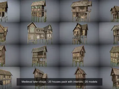 Medieval lake village - 20 houses pack with interiors 3D Model Collection