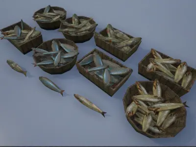 Lowpoly Fish and Fish Crates Low-poly 3D model
