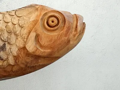 Japanese Hand Carved Vintage Wooden Fish Statue on Stand 3D model