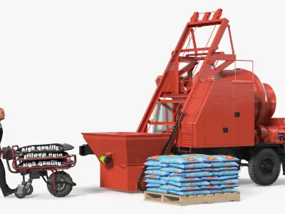 Worker with Cement and Concrete Mixer Pump 3D model