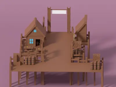 Cartoon Medieval Port and Props Low-poly 3D model