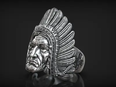Native American Indian Chief Head Roach Feathers Ring 3D print model