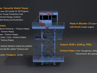 PBR Low Poly Guard Tower Security Watch Tower Blue Rusted Low-poly 3D model