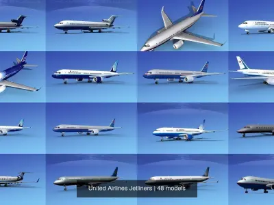 48 United Airlines Jetliners 3D Model Collection