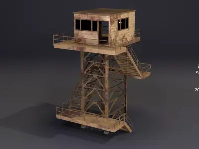 PBR Low Poly Guard Tower Security Watch Tower Cream Rusted Low-poly 3D model