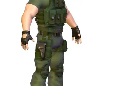 High Poly Man Soldier in Green Armor Camouflage Low-poly 3D model