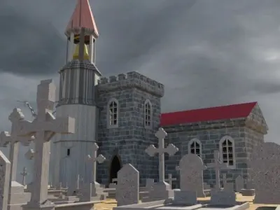 Graveyard church in middle of cemetery Free 3D model