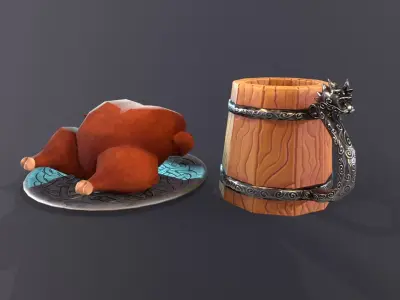 Lowpoly stylized fried chicken and beer pint mug asset Low-poly 3D model