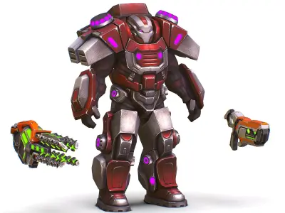 Cyborg Machine Gun with Automatic Rifle and Pistol - 3dsMax Low-poly 3D model