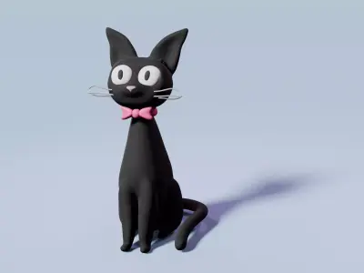 Cute stylized black cat with a pink bow-tie sculpted asset 3D model