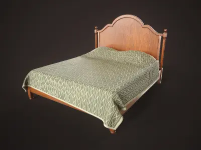 Vintage Wooden Bed Low-poly 3D model