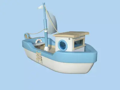 Cartoon Boat 02 - White Blue - Low Poly Ship Low-poly 3D model