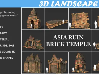 Low poly Mossy Brick Ruin Asia Temple Pack Low-poly 3D model