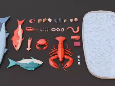 Collection 30 Seafood and Fish Low Poly Free low-poly 3D model
