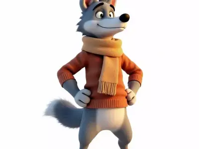 Cartoon Wolf Character 3D Model Cozy Winter Mascot Low-poly 3D model