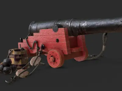 Old Naval Cannon - Painted Wood Low-poly 3D model