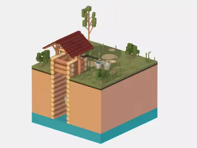 Isometric European Village Well Draw-Well Low-poly 3D model