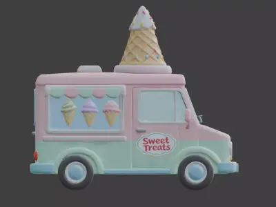 Stylized 3D Pastel Ice Cream Truck Model Low-poly 3D model
