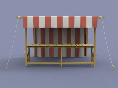 Marketplace table and chairs with striped canopy 3D model