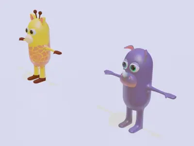 Cartoon Giraffe and rhino 3D model