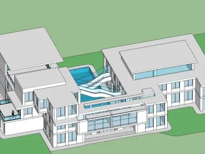 Detailed design of an office with water body and floating stairs 3D model